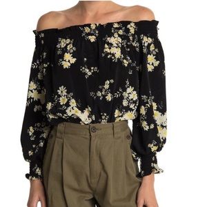 NWOT Wayf Women's Black Yellow Floral Off Shoulder Bodysuit